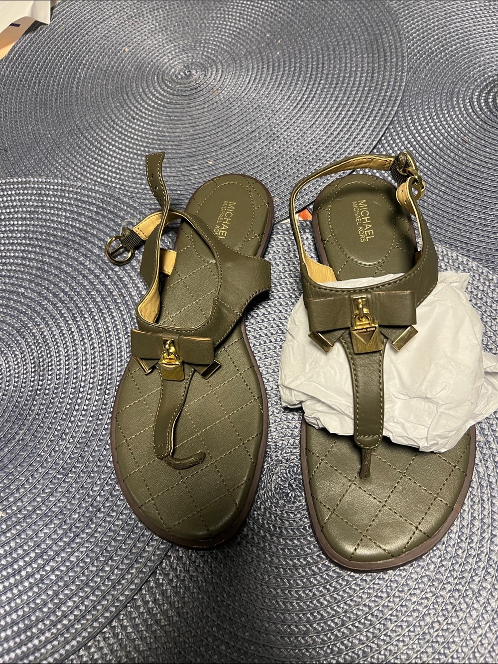 MICHAEL Michael Kors Olive Quilted Bow T-Strap Sandals with Gold Hardware